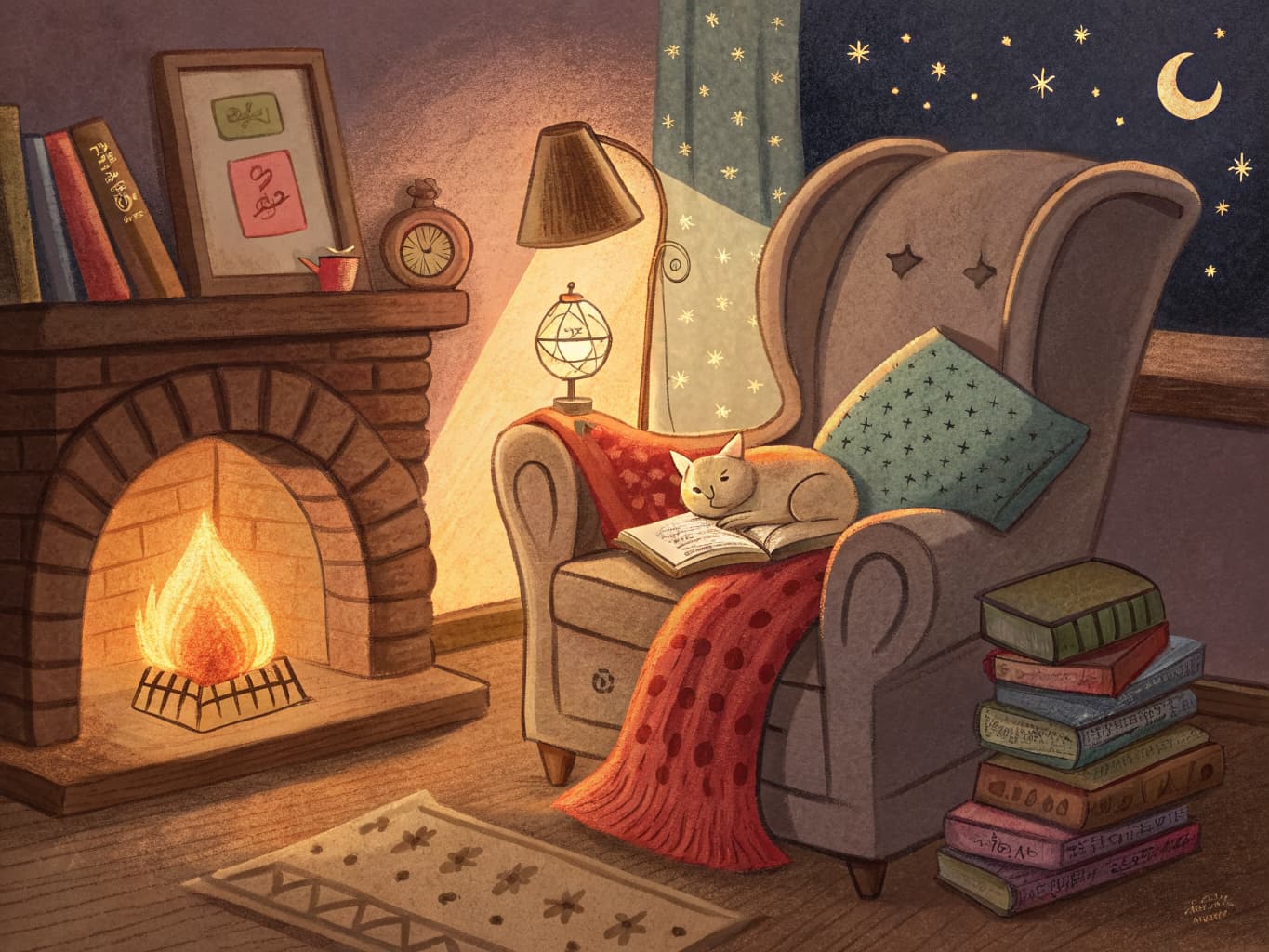 Cozy reading nook illustration with books and a sleeping cat