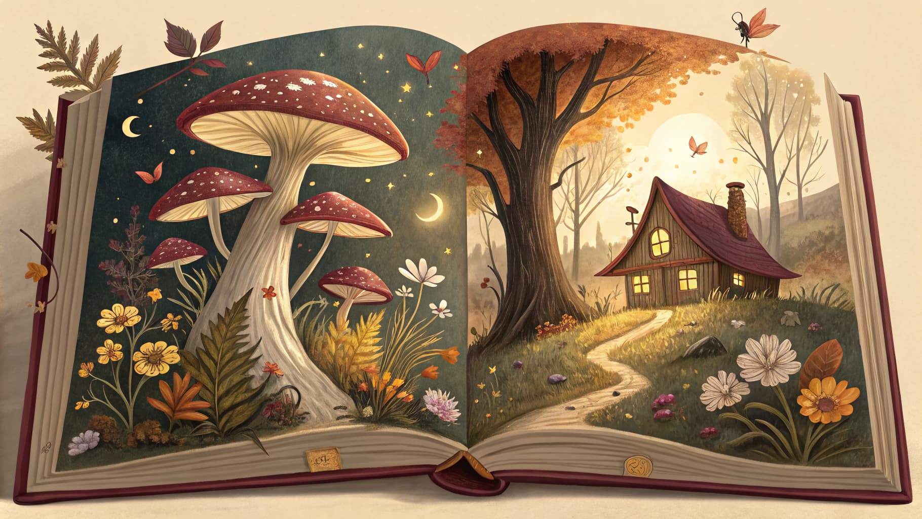 An illustrated children's storybook open to a magical spread with mushroom forest and cozy treehouse