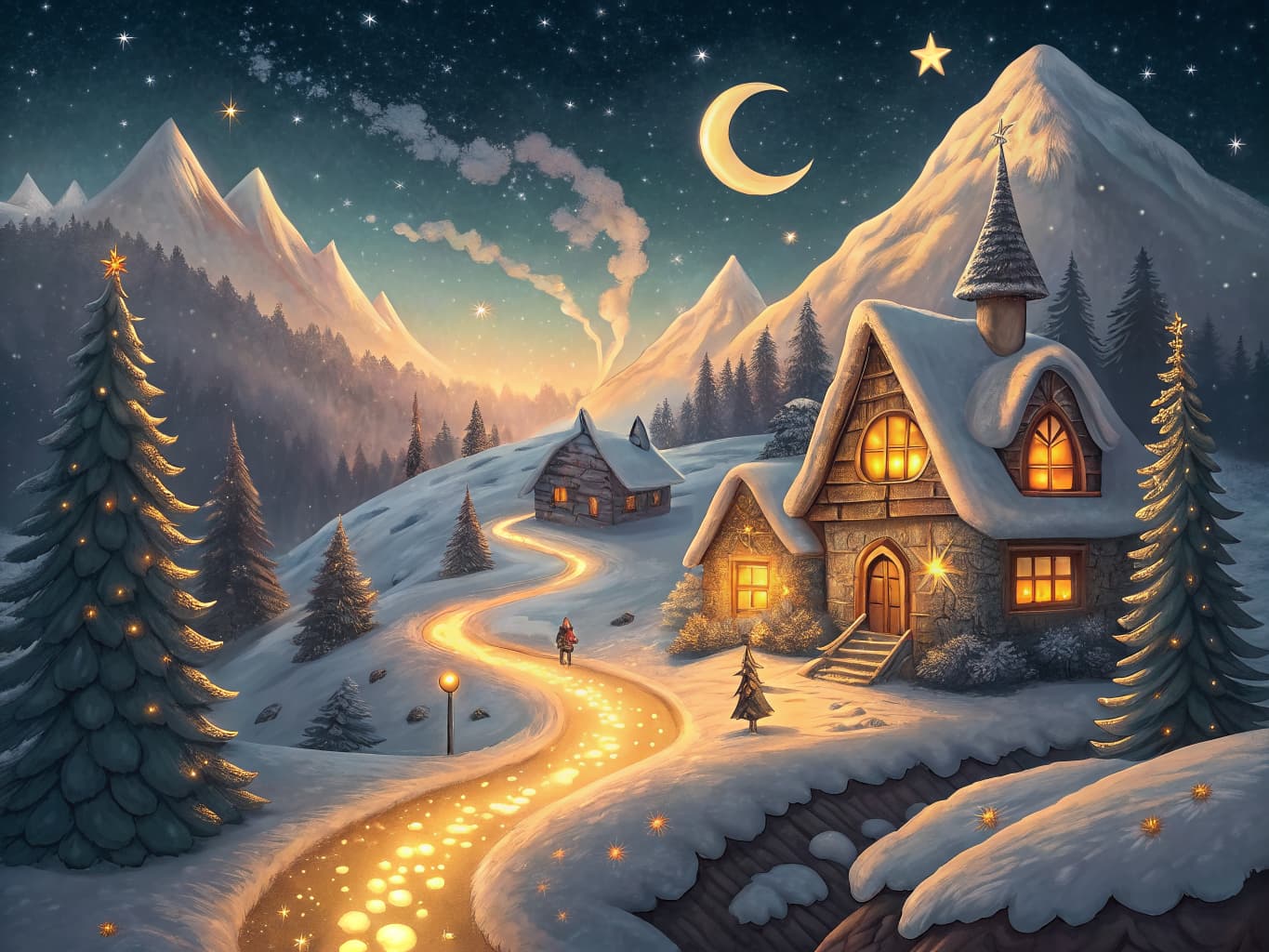 Illustrated snowy mountain village at twilight