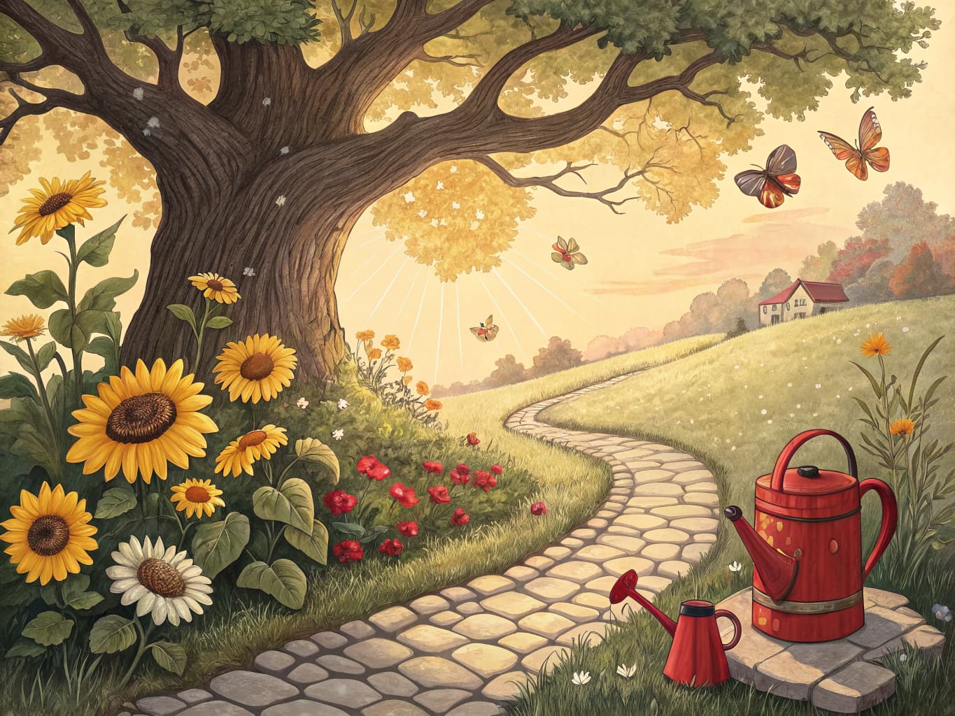 Illustrated garden scene with sunflowers and a watering can